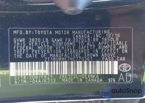 2017 Toyota Corolla Le from USA, damaged, VIN 2T1BURHE7HC770361